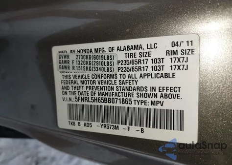 2011 Honda Odyssey Ex-L из США, поврежденный, VIN 5FNRL5H65BB071865